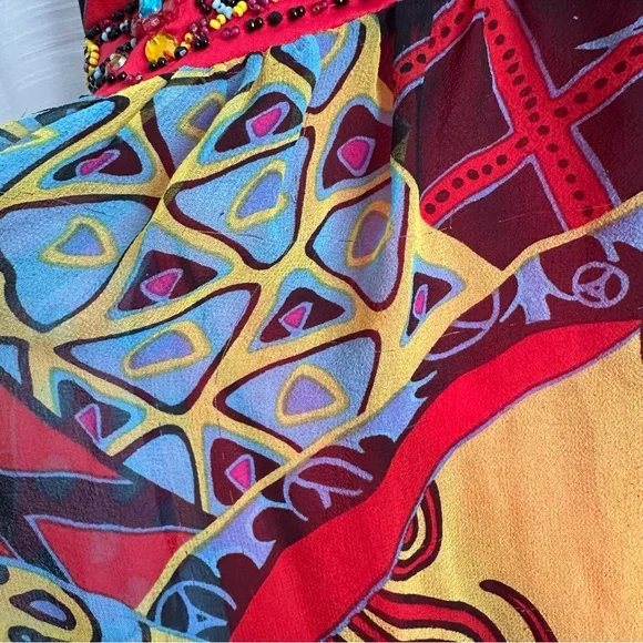 Sue Wong vintage VTG 100% silk flowy halter top Y2K beaded dress bright colors - Picture 4 of 13